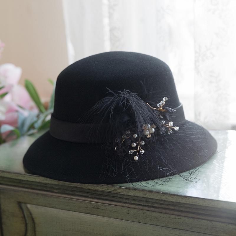 Vintage Hat Audrey Hepburn Style Mesh Feather Pearl Wool Top Hat ...