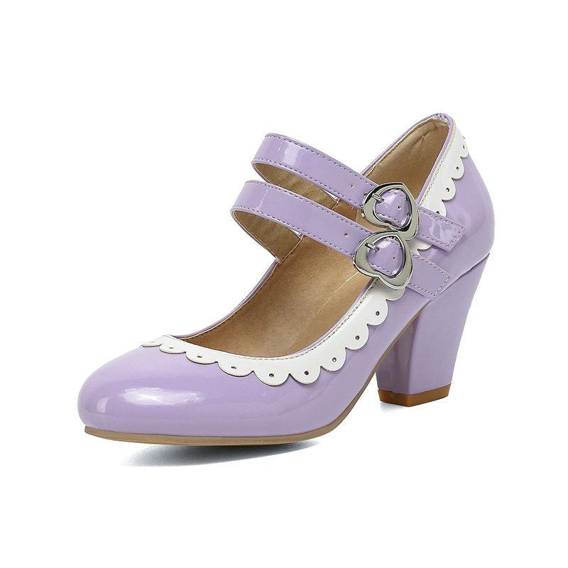 Vintage Shoes Round Toe Double Buckle Shallow Block High Heels ...