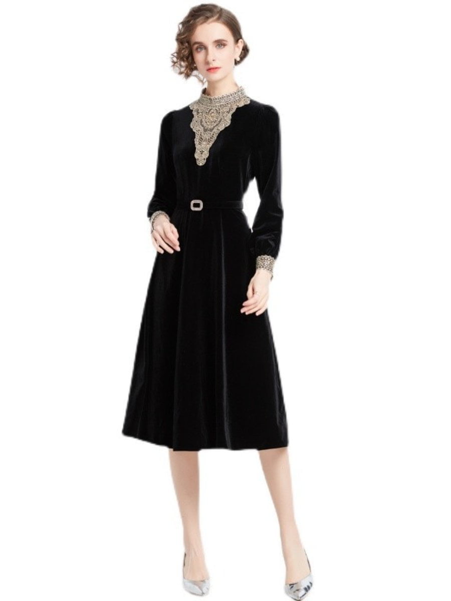 1950s Dress Lace Embroidery Stand-up Collar Midi Swing Velvet Dress ...
