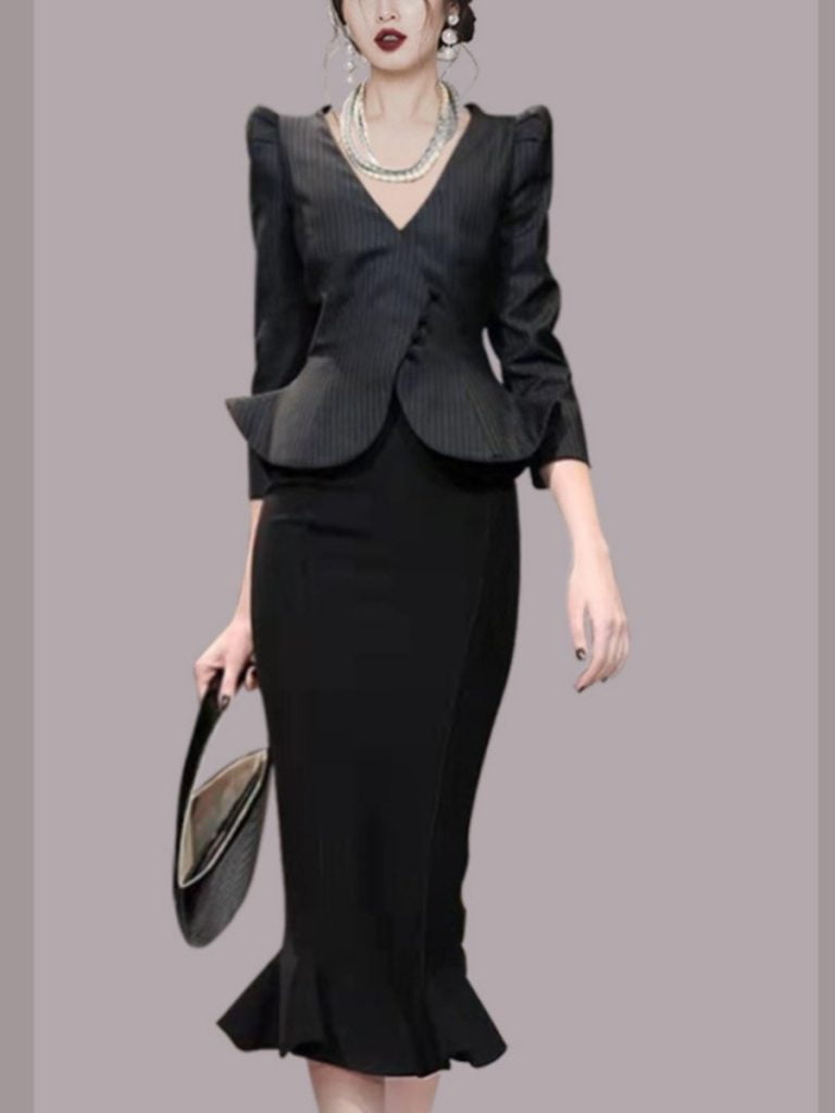 Elegant Buttons Ruffle Fishtail Potholes V Neck Long Sleeve Two Pieces main image 0