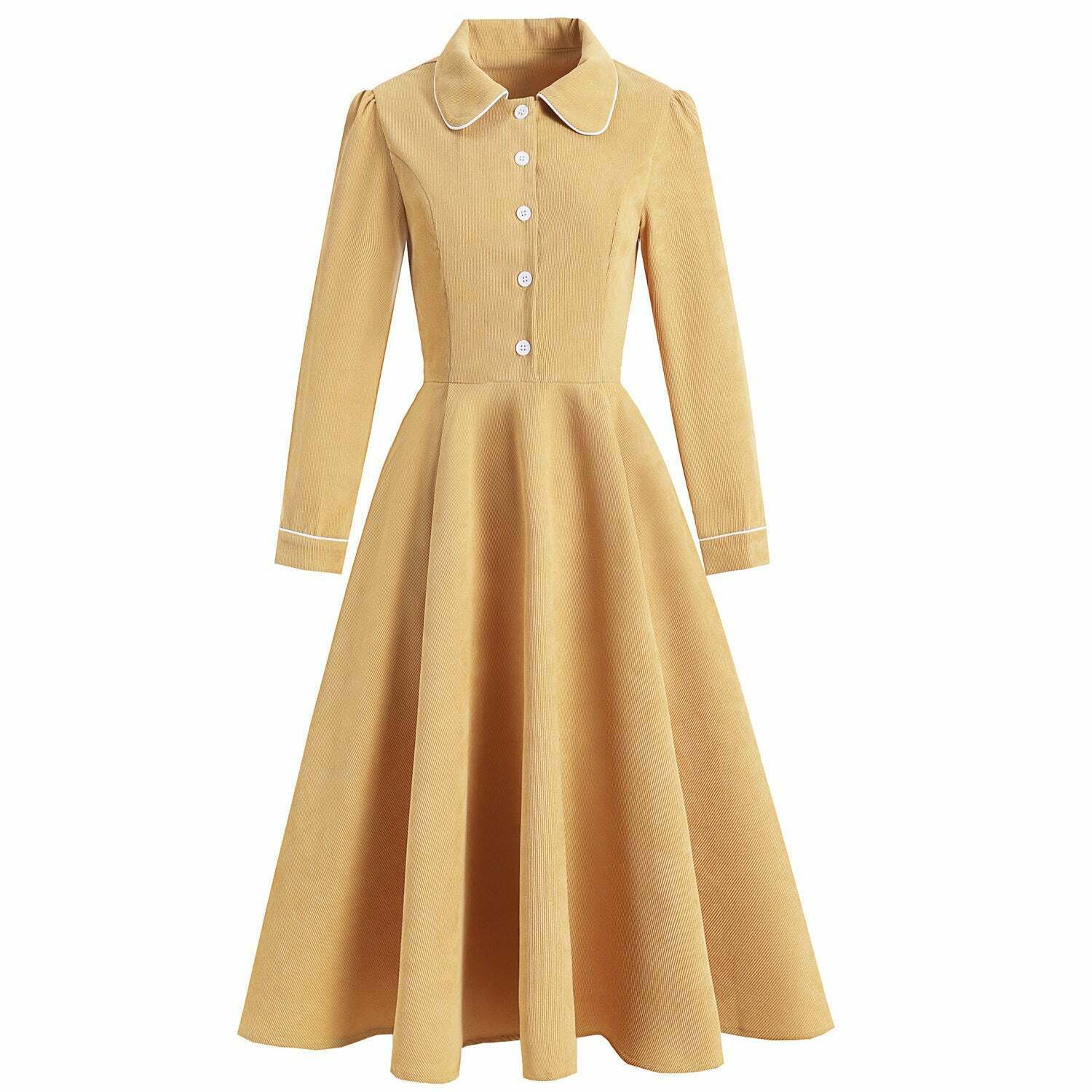 1950s Dresses Vintage Lapel Long Sleeve Midi Swing Corduroy Dress ...