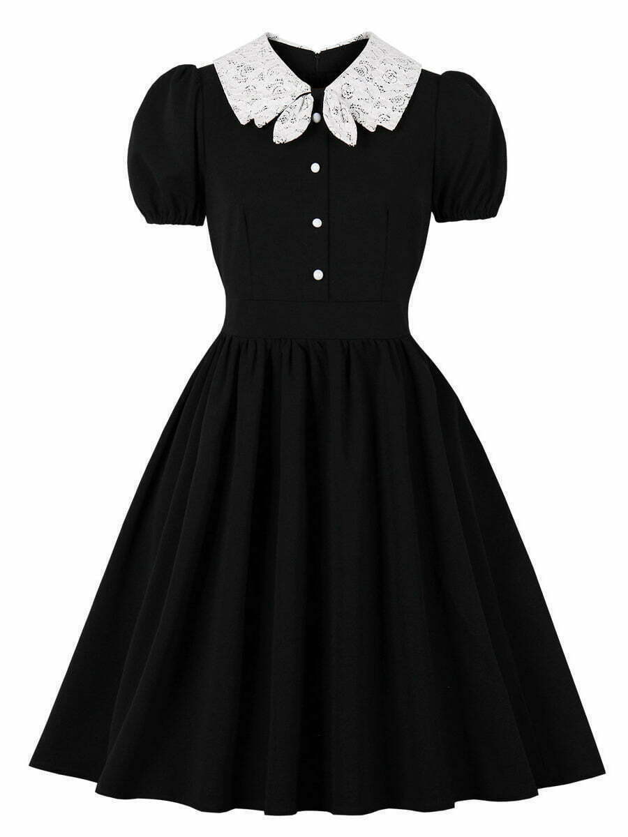 1950s Dresses Retro Lace Patchwork Neck Puff Sleeve A Line Dress ...