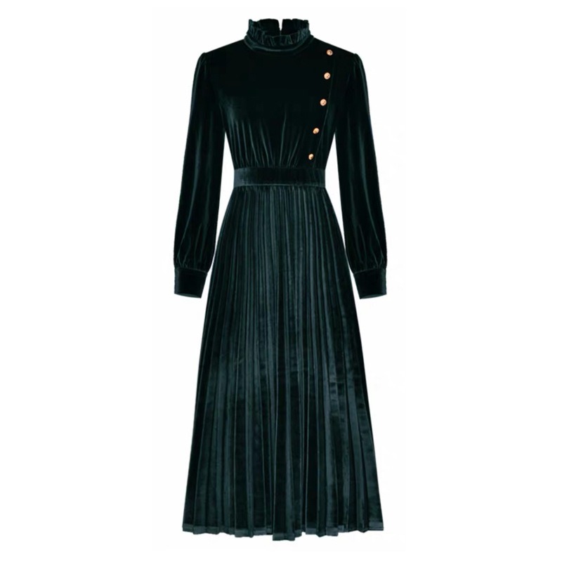 Women's Velvet Dress Slim Pleated Long Dress - Vintage-Retro